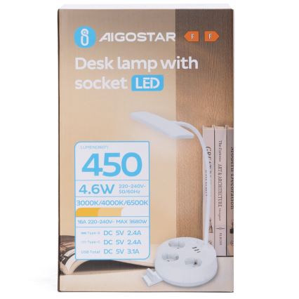 Aigostar - dimmbare LED-Tischlampe mit Steckdosen und USB-Anschlüssen LED/4,6W/230V 3000/4000/6500K weiß