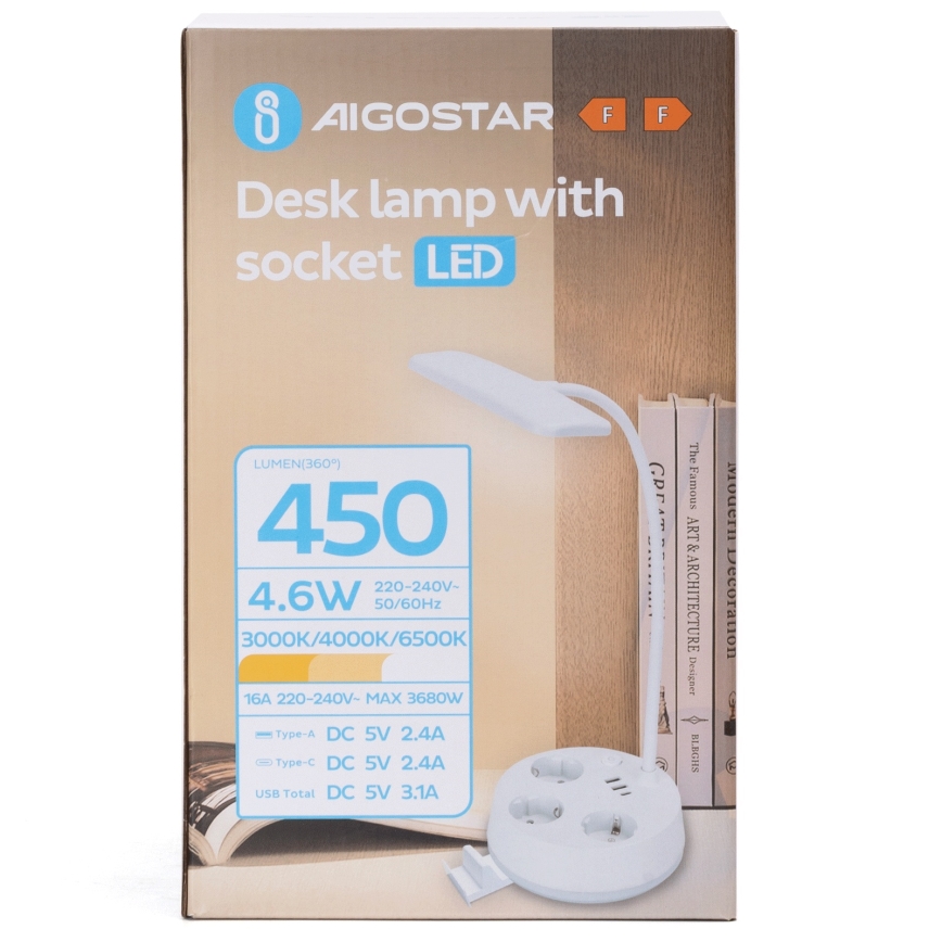 Aigostar - dimmbare LED-Tischlampe mit Steckdosen und USB-Anschlüssen LED/4,6W/230V 3000/4000/6500K weiß