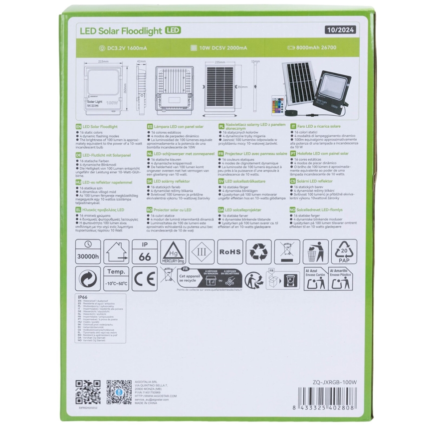 Aigostar - Dimmbarer LED-RGB-Solarstrahler LED/100W/3,2V IP66 + Fernbedienung