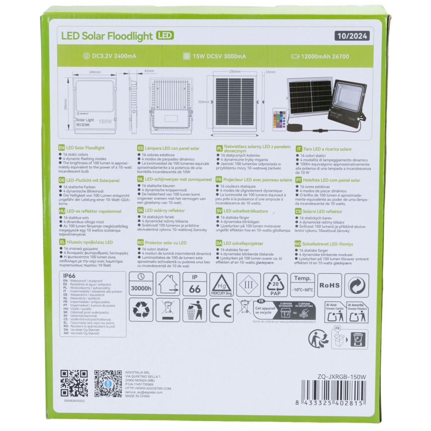Aigostar - Dimmbarer LED-RGB-Solarstrahler LED/150W/3,2V IP66 + Fernbedienung