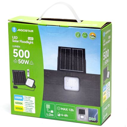 Aigostar - Dimmbarer LED-Solarstrahler LED/50W/3,4V 3000/4000/6500K IP66 4000 mAh + Fernbedienung