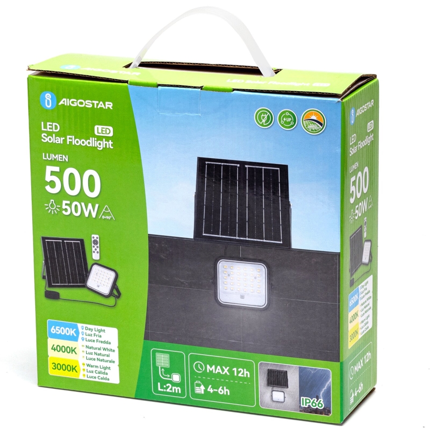 Aigostar - Dimmbarer LED-Solarstrahler LED/50W/3,4V 3000/4000/6500K IP66 4000 mAh + Fernbedienung