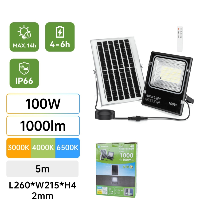 Aigostar - Dimmbarer LED-Solarstrahler LED/100W/3,2V 2000mAh 3000K/4000K/6500K IP66 + Fernbedienung