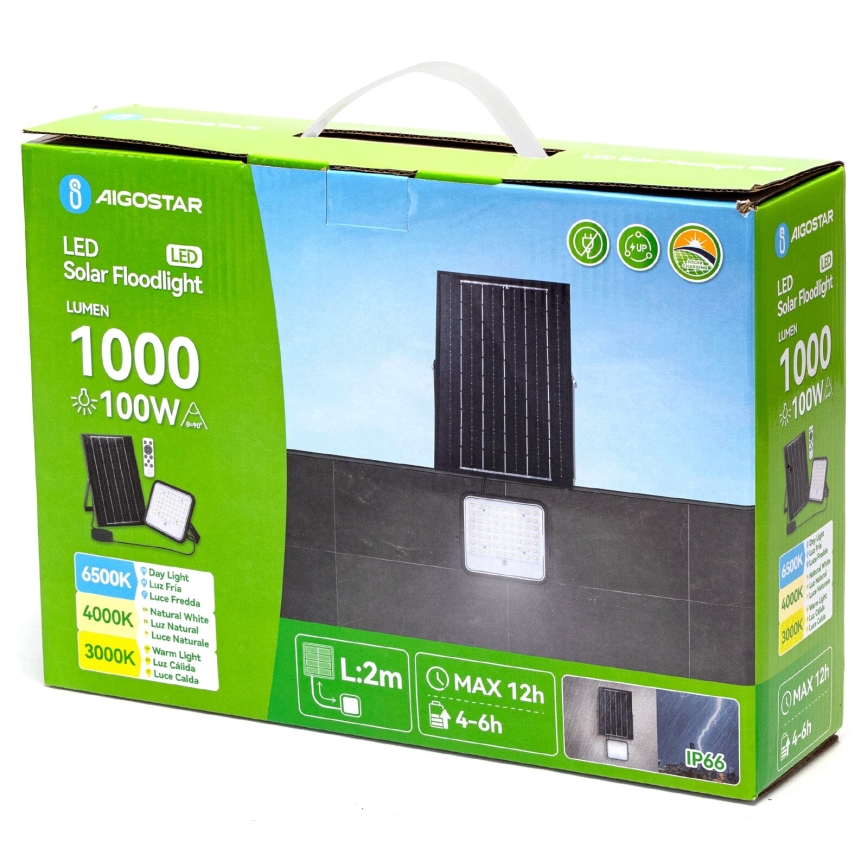 Aigostar - Dimmbarer LED-Solarscheinwerfer LED/100W/3,4V 3000/4000/6500K IP66 8000 mAh + Fernbedienung