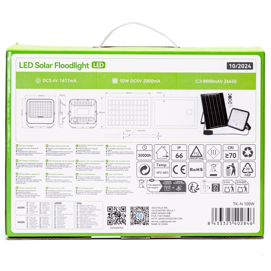 Aigostar - Dimmbarer LED-Solarscheinwerfer LED/100W/3,4V 3000/4000/6500K IP66 8000 mAh + Fernbedienung