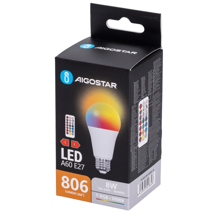 Aigostar - LED RGBW dimmbar A60 Leuchtmittel E27/8W/230V 3000K + Fernbedienung