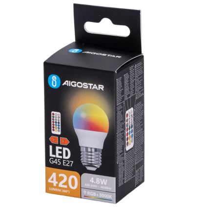 Aigostar - Dimmbare LED RGBW-Glühbirne G45 E27/4,8W/230V 3000K + Fernbedienung