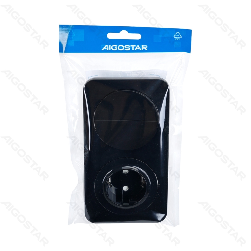 Aigostar - Doppelter Schalter Nr. 5 und SCHUKO-Steckdose 230 V mit schwarzem Rahmen