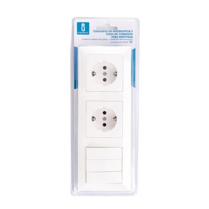 Aigostar - Dreifachschalter Nr. 3 und 2× SCHUKO-Steckdosen 230 V mit Rahmen, weiß