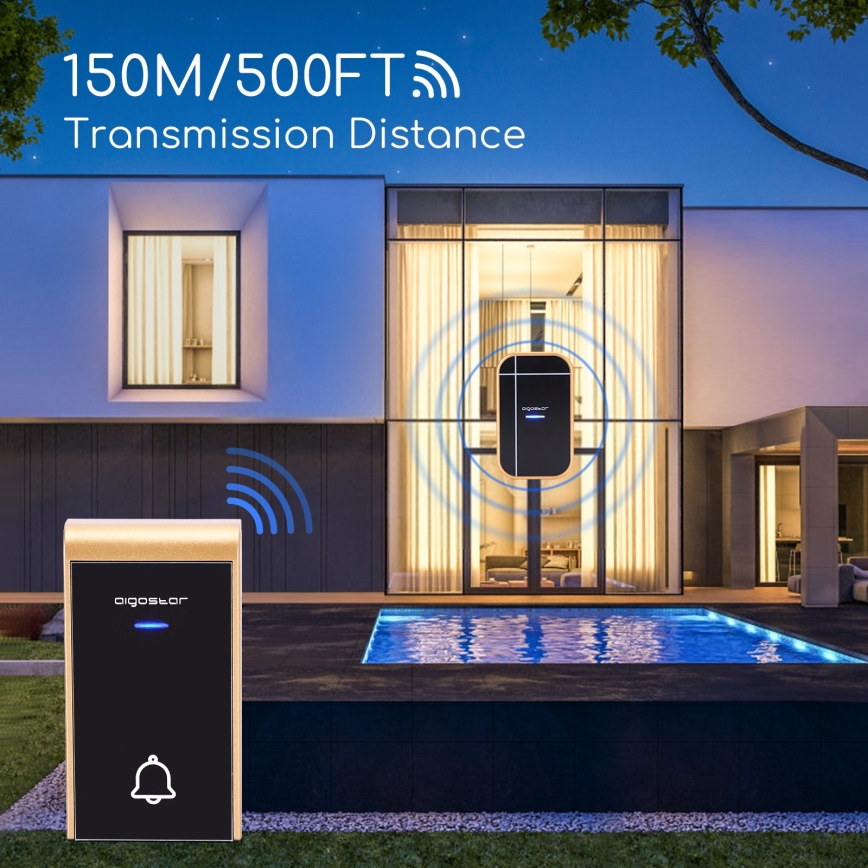 Aigostar - Funkklingel für Steckdose 230V/12V IP44 schwarz