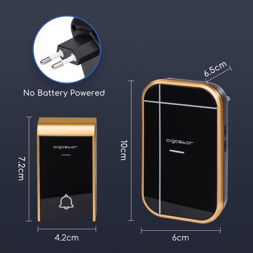 Aigostar - Funkklingel für Steckdose 230V/12V IP44 schwarz