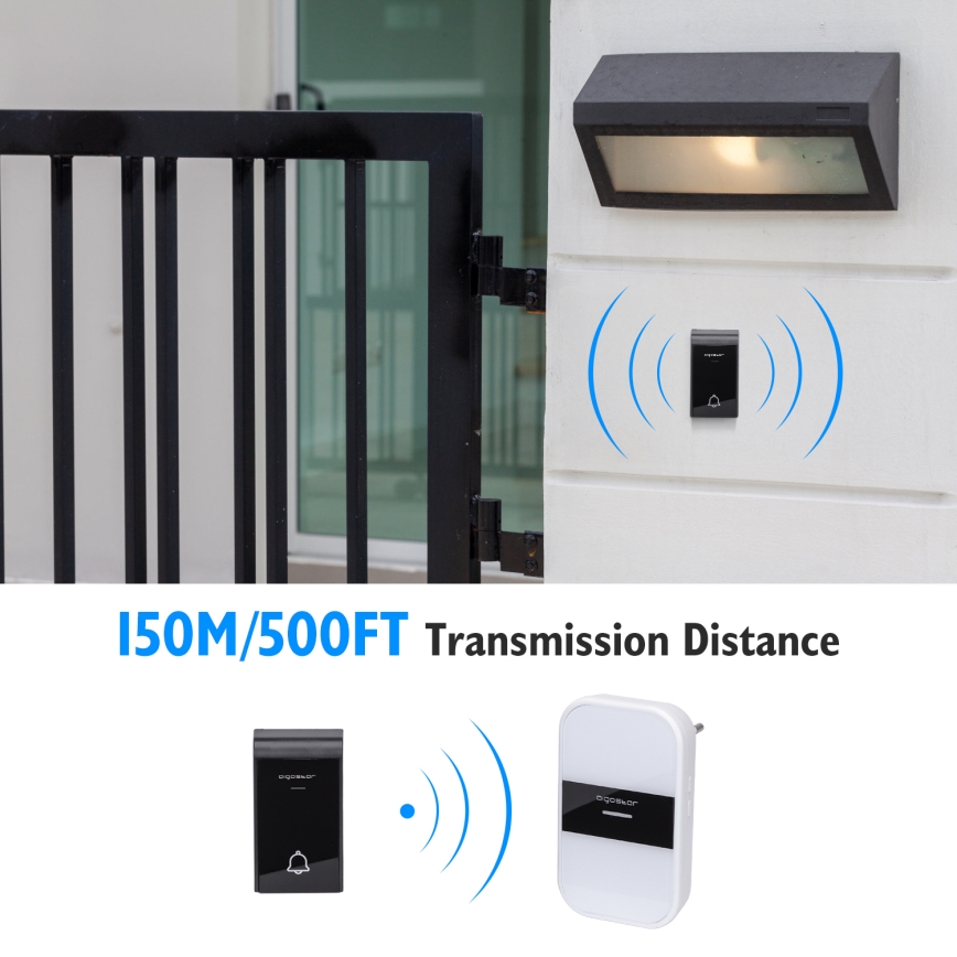 Aigostar - Kabellose Steckdosen-Türklingel 230V/12V IP44 weiß/schwarz