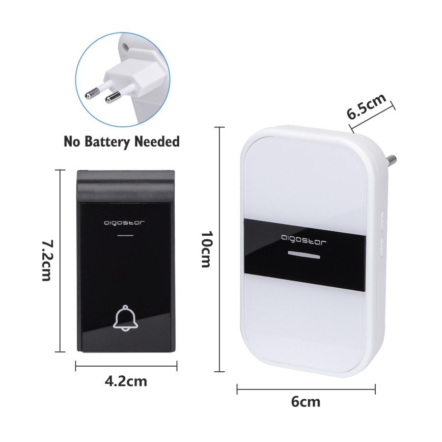 Aigostar - Kabellose Steckdosen-Türklingel 230V/12V IP44 weiß/schwarz