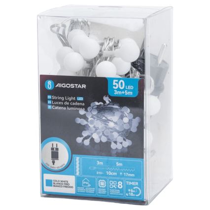 Aigostar - LED-Außen-Dekorations-Lichterkette, 50 LEDs, 8 Funktionen, 5 m, IP44, kaltweiß