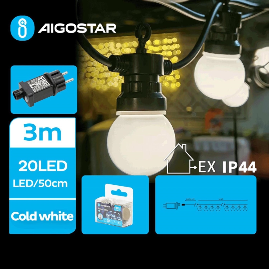 Aigostar - LED-Außen-Dekorations-Lichterkette 20xLED/3m IP44 kaltweiß