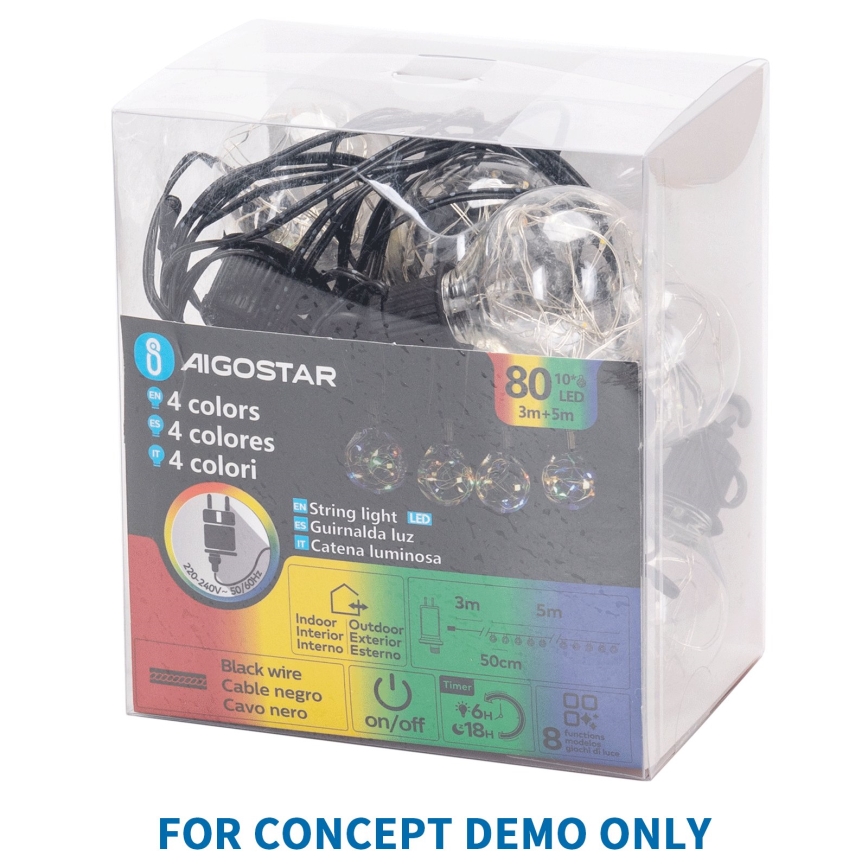 Aigostar - LED-Lichterkette für den Außenbereich, 80 LEDs / 8 Funktionen, 5 m, IP44, warmweiß