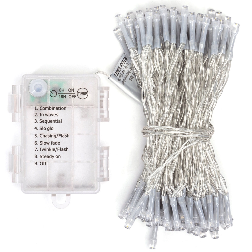 Aigostar - LED-Außen-Lichterkette, 100 LEDs, 8 Funktionen, 3xAA, 10,3 m, IP44, warmweiß