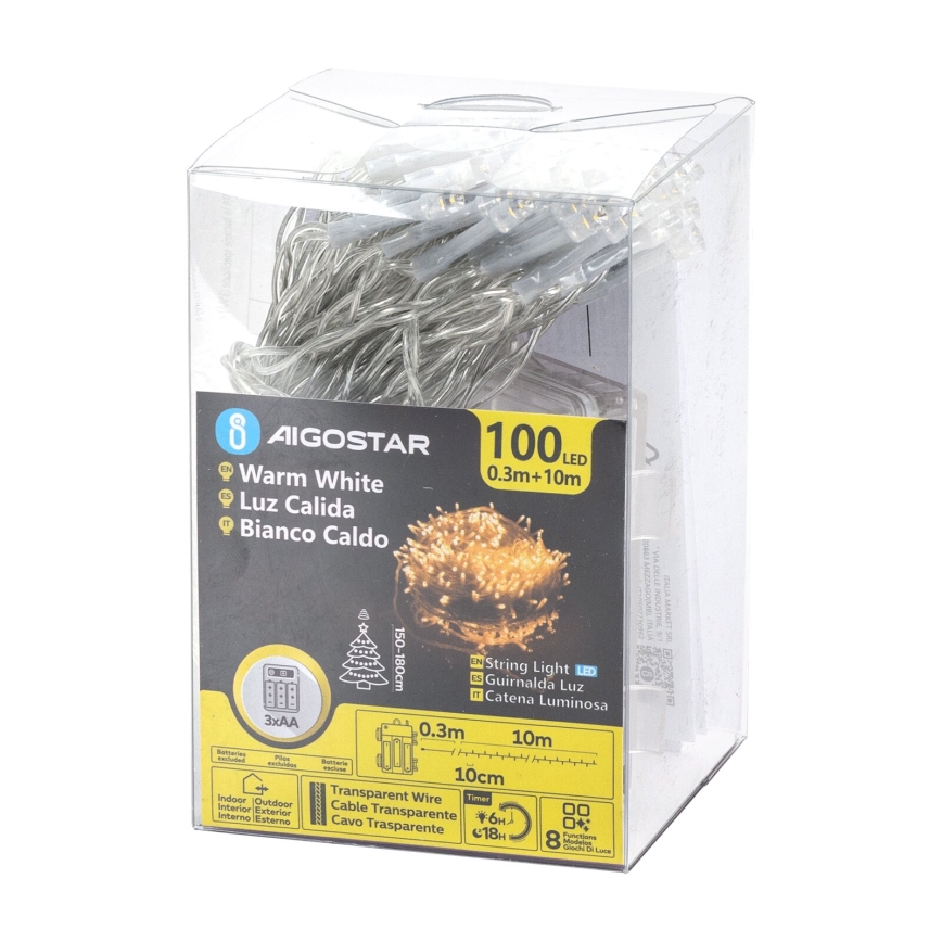 Aigostar - LED-Außen-Lichterkette, 100 LEDs, 8 Funktionen, 3xAA, 10,3 m, IP44, warmweiß