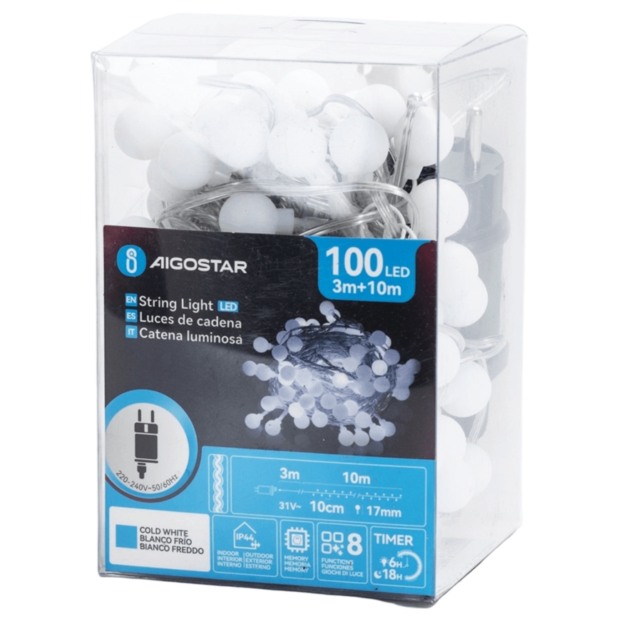 Aigostar - LED-Lichterkette für den Außenbereich, 100 LEDs / 8 Funktionen, 10 m, IP44, kaltweiß