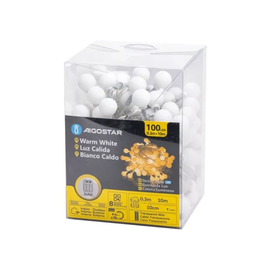 Aigostar - LED Weihnachts-Lichterkette für den Außenbereich 100xLED/3xAA/8 Funktionen 10,3 m IP44 warmweiß