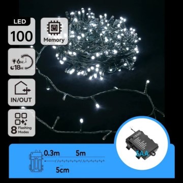 Aigostar - LED-Außen-Lichterkette 100xLED/8 Funktionen 3xAA 5,3 m IP44 kaltweiß