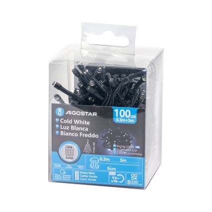 Aigostar - LED Außen Weihnachtslichterkette 100xLED/8 Funktionen 3xAA 5,3 m IP44 kaltweiß