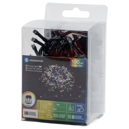 Aigostar - LED-Lichterkette für den Außenbereich, 100 LEDs, 8 Funktionen, 3xAA, 5,3 m, IP44, mehrfarbig