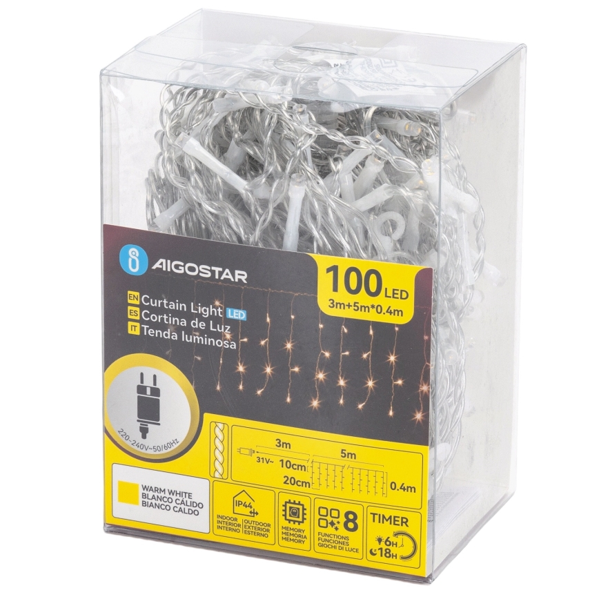 Aigostar - LED Außen-Lichterkette 100xLED/8 Funktionen 5x0,4m IP44 warmweiß