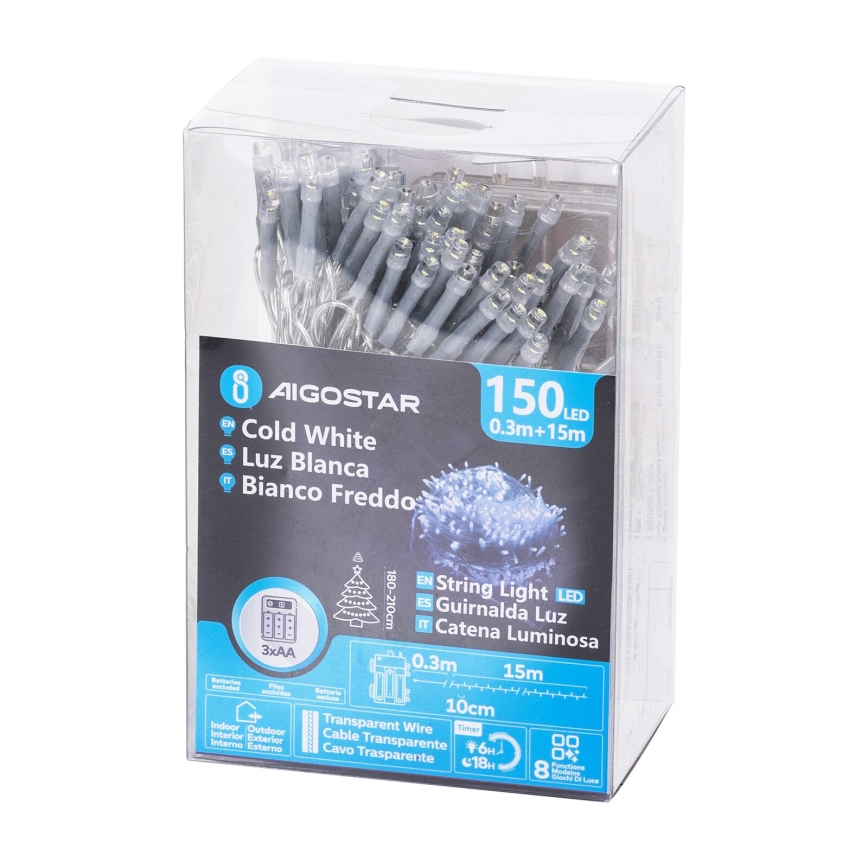Aigostar - LED Außen-Weihnachtslichterkette 150xLED/8 Funktionen 15,3m IP44 kaltweiß