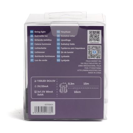 Aigostar - LED Außen-Lichterkette 150xLED/8 Funktionen 3xAA 15,3m IP44 mehrfarbig