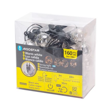 Aigostar - LED Außen-Dekorations-Lichterkette 160xLED 10m IP44 warmweiß