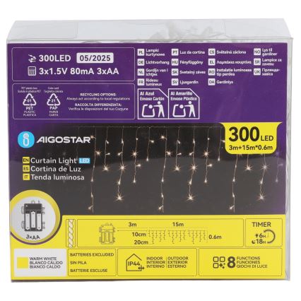 Aigostar - LED-Außen-Weihnachtskette 300xLED/8 Funktionen 3xAA 18x0,6 m IP44 warmweiß