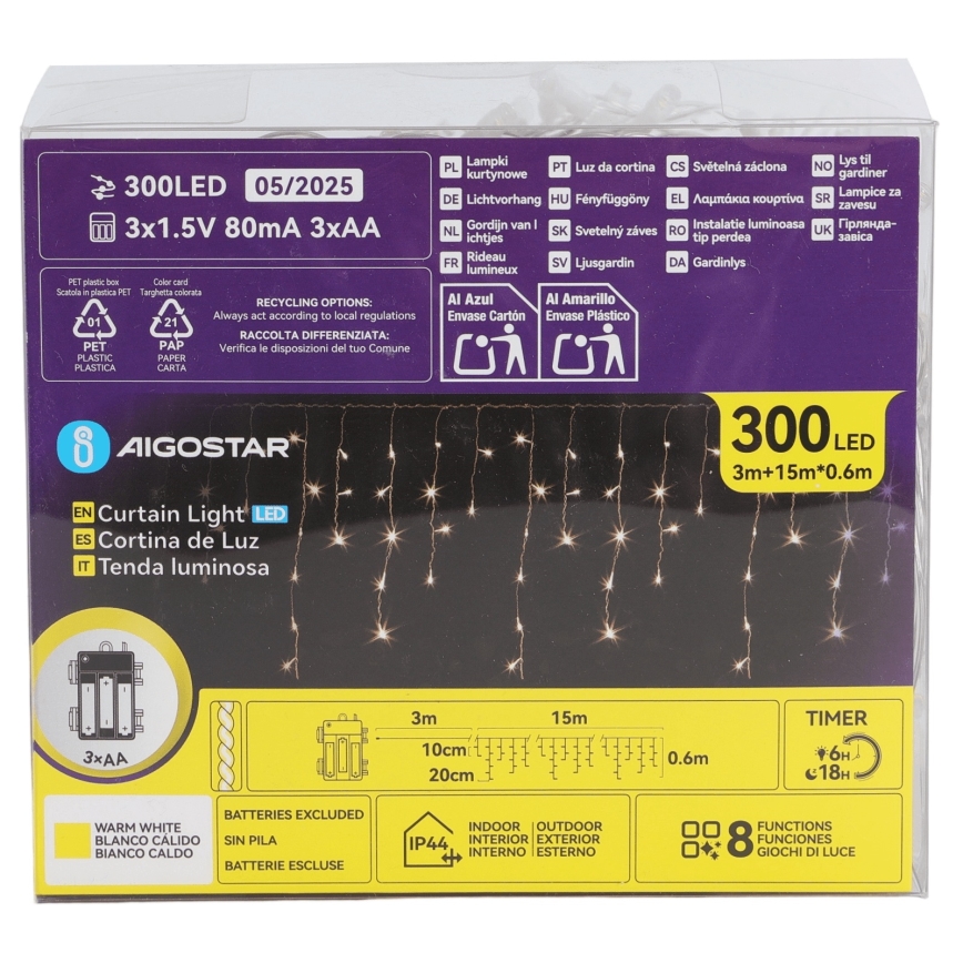 Aigostar - LED-Außen-Weihnachtskette 300xLED/8 Funktionen 3xAA 18x0,6 m IP44 warmweiß
