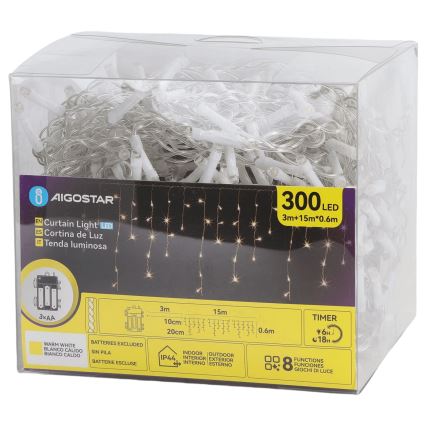 Aigostar - LED-Außen-Weihnachtskette 300xLED/8 Funktionen 3xAA 18x0,6 m IP44 warmweiß