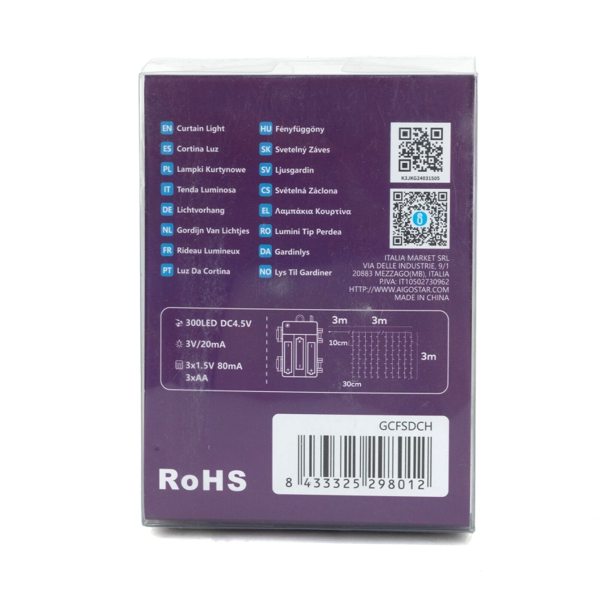 Aigostar-LED Außen-Weihnachtslichterkette 300xLED/8 Funktionen 3xAA 6x2m IP44 kaltweiß