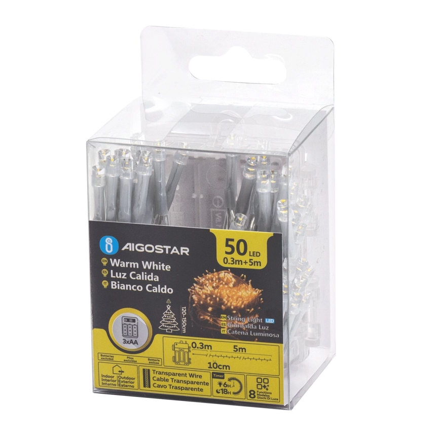 Aigostar - LED-Außen-Lichterkette, 50 LEDs, 8 Funktionen, 3xAA, 5,3 m, IP44, warmweiß