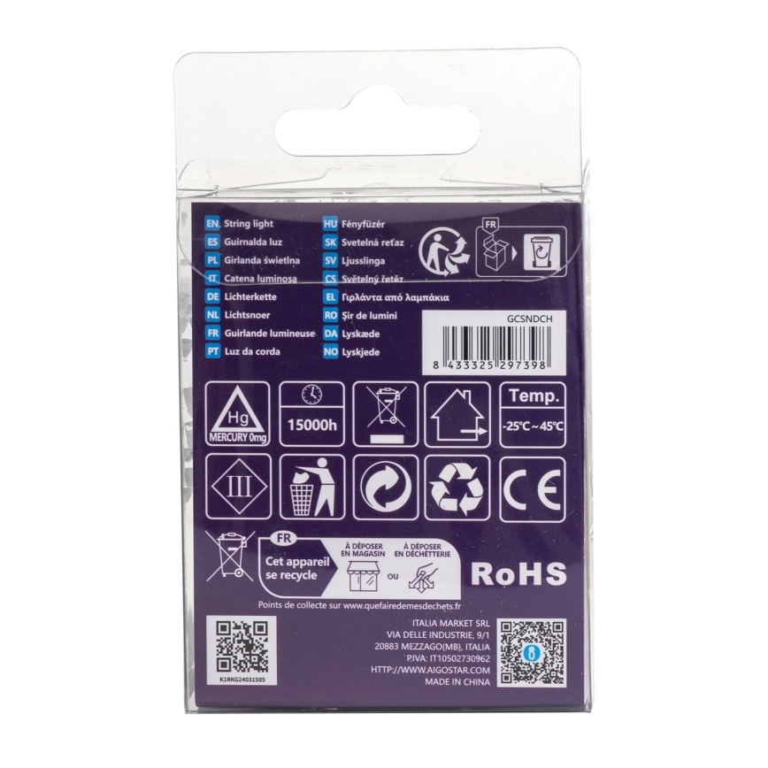 Aigostar - LED-Außen-Lichterkette, 50 LEDs, 8 Funktionen, 3xAA, 5,3 m, IP44, warmweiß