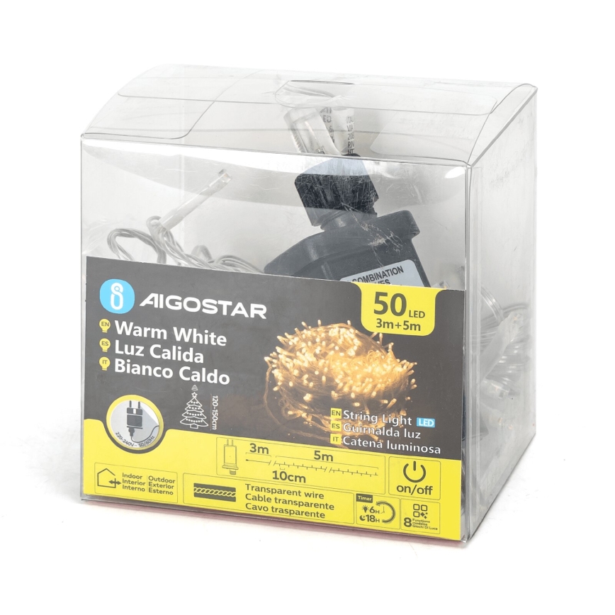 Aigostar - LED-Außen-Lichterkette 50 LEDs/8 Funktionen 8 m IP44 warmweiß