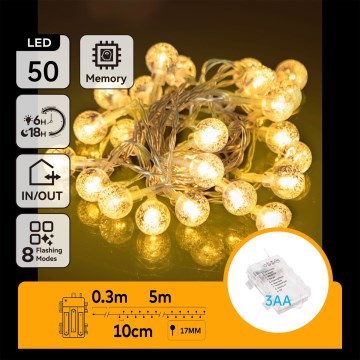 Aigostar - LED-Außen-Lichterkette 50xLED/3xAA/8 Funktionen 5,3 m IP44 warmweiß