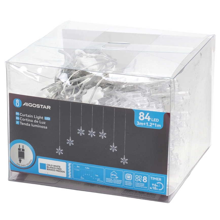 Aigostar - LED-Außen-Lichterkette 84xLED/8 Funktionen 1,2x1m IP44 kaltweiß Schneeflocken