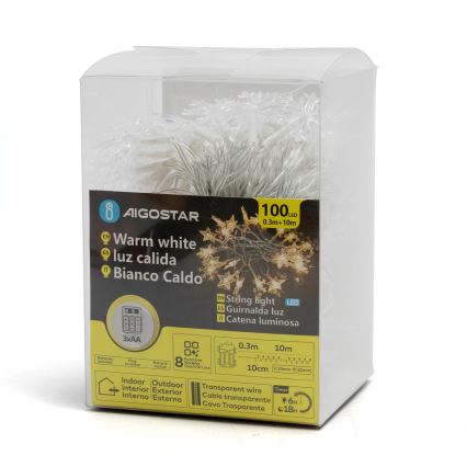 Aigostar - LED-Außen-Weihnachtslichterkette 100 LEDs/8 Funktionen 3xAA 10 m IP44 warmweiß mit Sternen