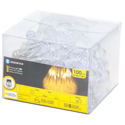 Aigostar - LED-Außen-Weihnachts-Lichterkette, 100 LEDs / 8 Funktionen, 3×AA, 10 m, IP44, warmweiß, tropfenförmige LEDs
