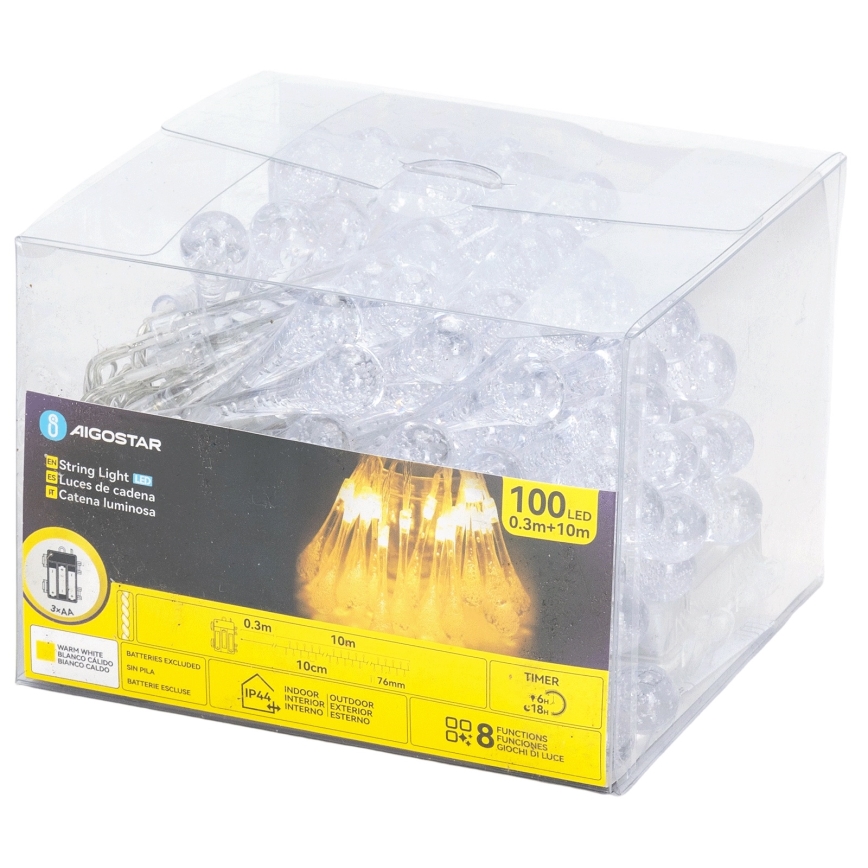 Aigostar - LED-Außen-Weihnachts-Lichterkette, 100 LEDs / 8 Funktionen, 3×AA, 10 m, IP44, warmweiß, tropfenförmige LEDs
