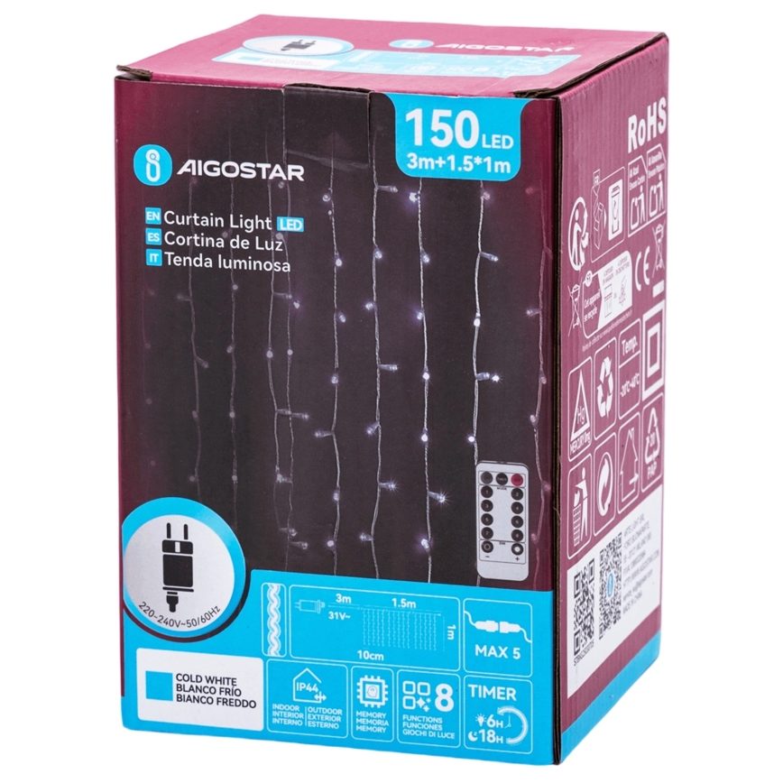 Aigostar - LED-Außen-Lichterkette 150xLED/6W/230V/8 Funktionen 1,5x1m IP44 kaltweiß + Fernbedienung