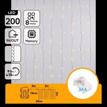Aigostar - LED Außen-Weihnachts-Lichterkette 200xLED/8 Funktionen 3xAA 5x2m IP44 warmweiß