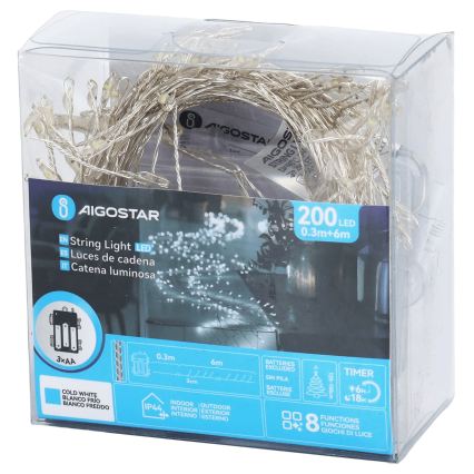 Aigostar - LED-Außen-Weihnachtslichterkette 200 LEDs/8 Funktionen 3×AA 6,3 m IP44 kaltweiß