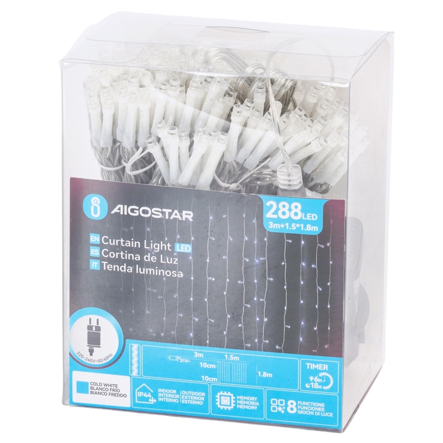 Aigostar - LED-Außen-Lichterkette 288 LEDs/8 Funktionen 1,5x1,8m IP44 kaltweiß