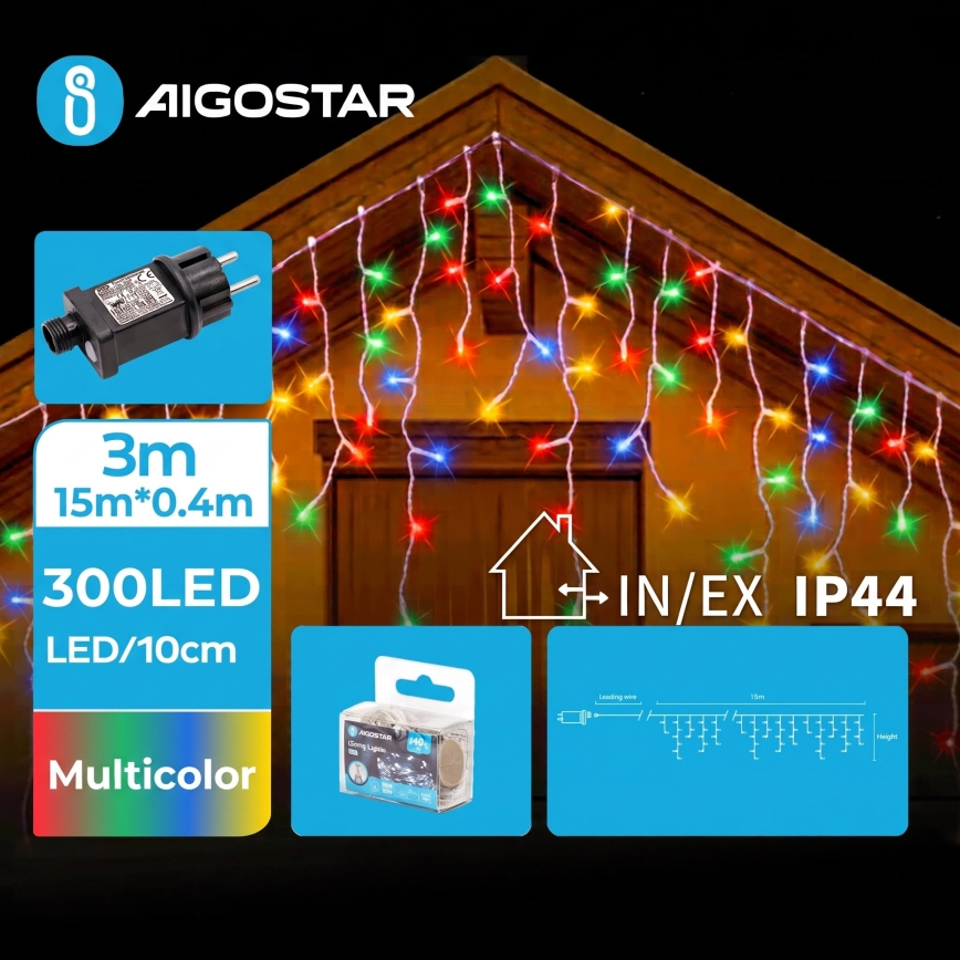 Aigostar - LED-Außen-Weihnachts-Lichterkette 300xLED/8 Funktionen 18x0,4m IP44 mehrfarbig