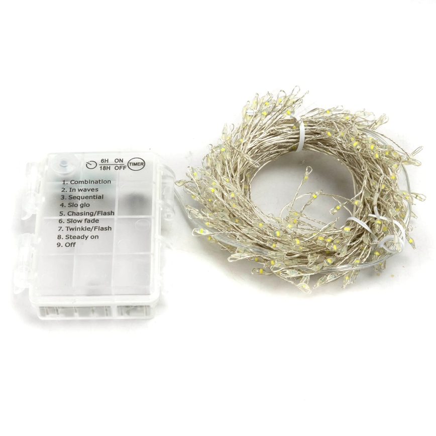 Aigostar - LED-Lichterkette für den Außenbereich, 300 LEDs / 8 Funktionen, 3xAA, 9,3 m, IP44, kaltweiß