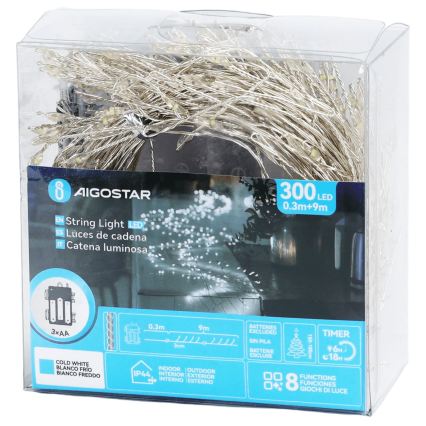 Aigostar - LED-Lichterkette für den Außenbereich, 300 LEDs / 8 Funktionen, 3xAA, 9,3 m, IP44, kaltweiß